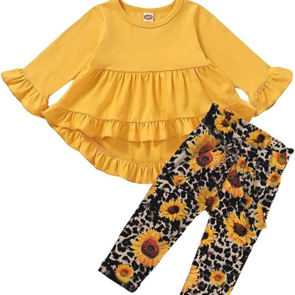 Adorable Toddler Girl Outfit: Long Sleeve Floral Shirt & Elastic Waist Pants - Picture 1 of 6